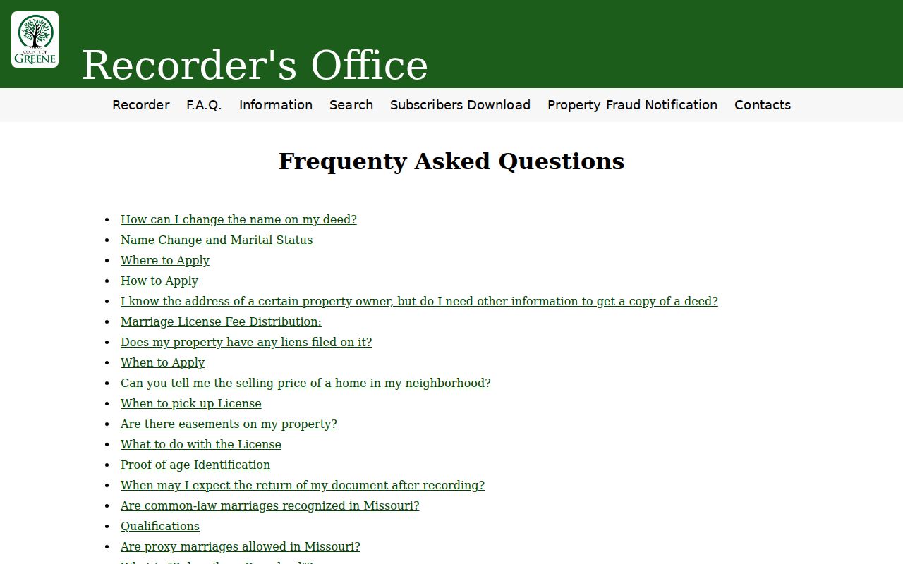Greene County street directory Recorder notice that an address cannot search deeds
